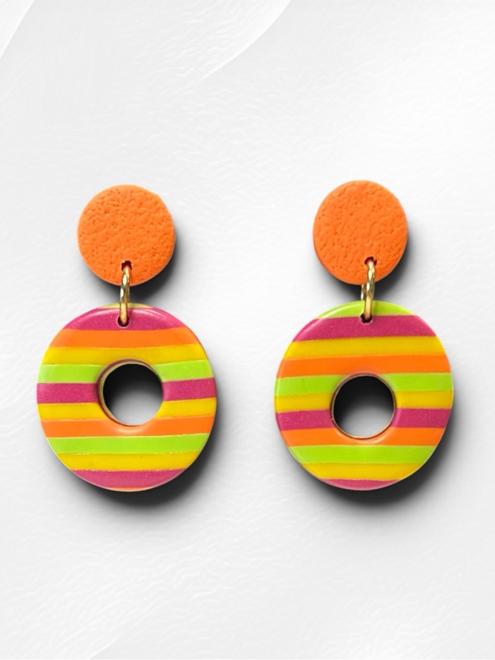 Handmade Rainbow Striped 2 pc Round Polymer Clay Dangle Earrings Stainless Steel
